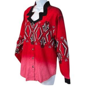 Vtg Brooks & Dunn Women's Red Western Aztec Southwest Button Up Shirt Blouse L
